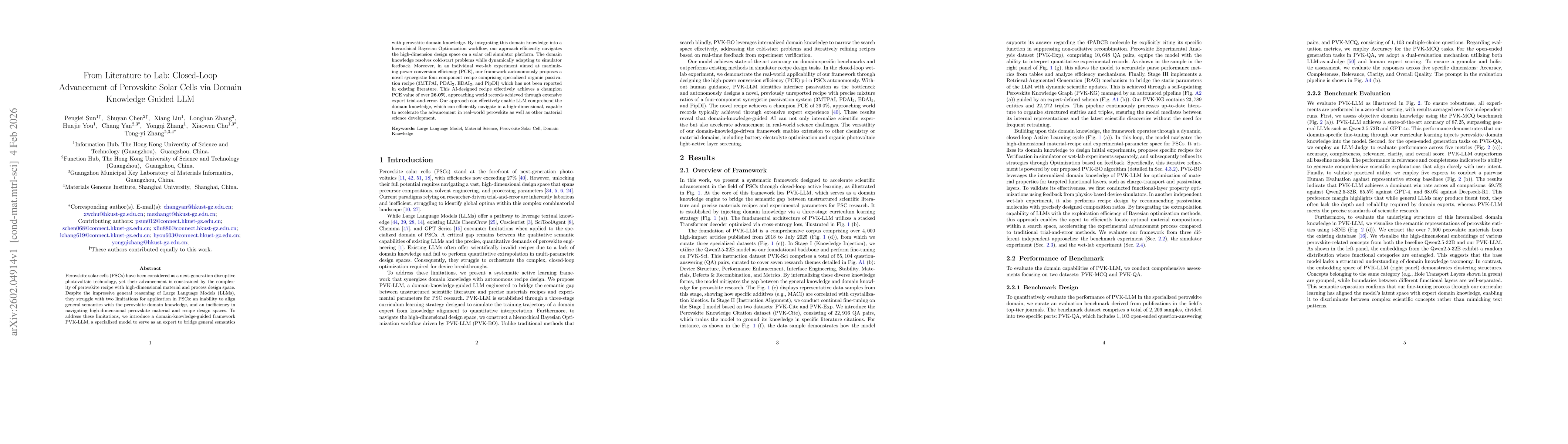 Thumbnail for From Literature to Lab: Closed-Loop Advancement of Perovskite Solar Cells via Domain Knowledge Guided LLM