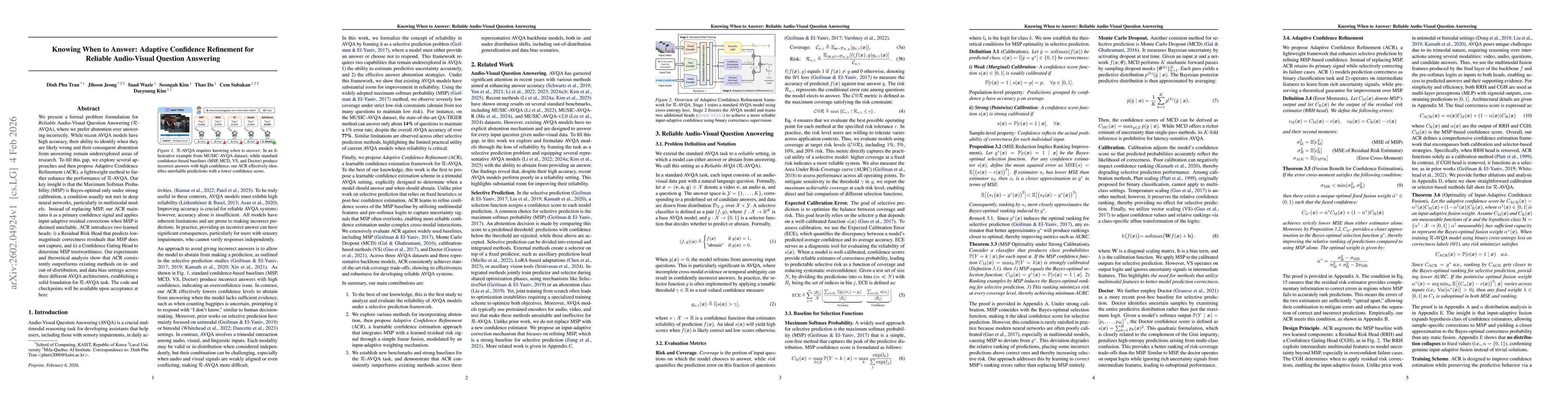 Thumbnail for Knowing When to Answer: Adaptive Confidence Refinement for Reliable Audio-Visual Question Answering