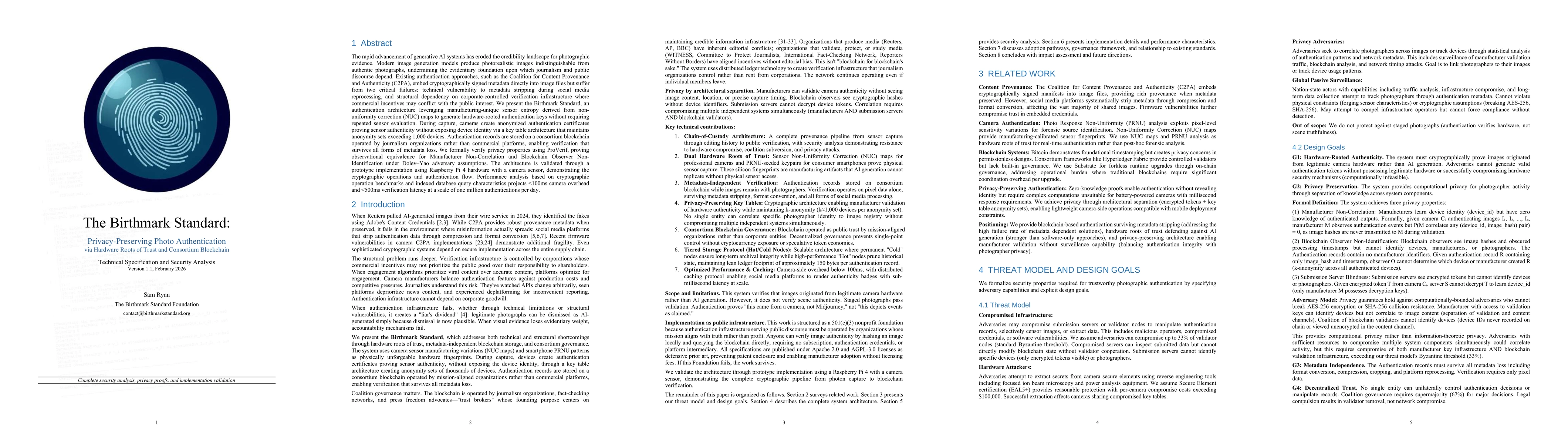 Thumbnail for The Birthmark Standard: Privacy-Preserving Photo Authentication via Hardware Roots of Trust and Consortium Blockchain