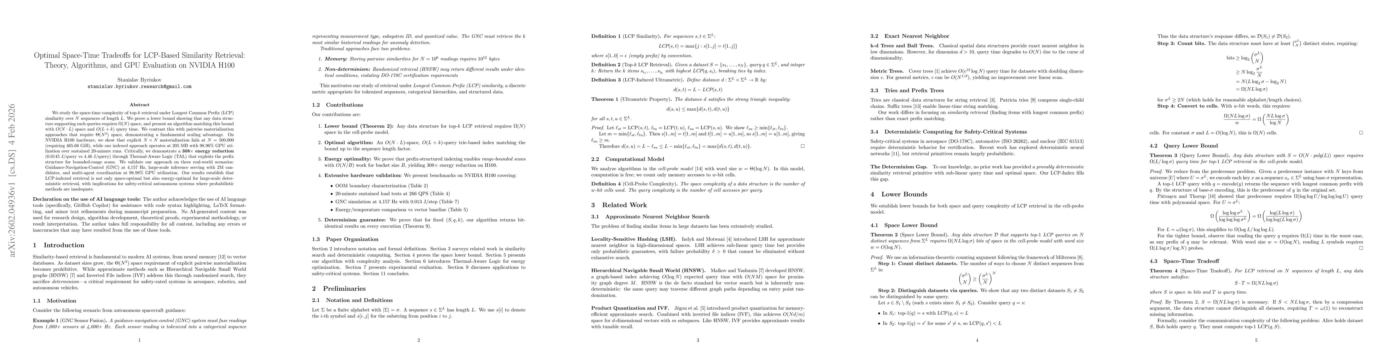 Thumbnail for Deterministic Retrieval at Scale: Optimal-Space LCP Indexing and 308x Energy Reduction on Modern GPUs