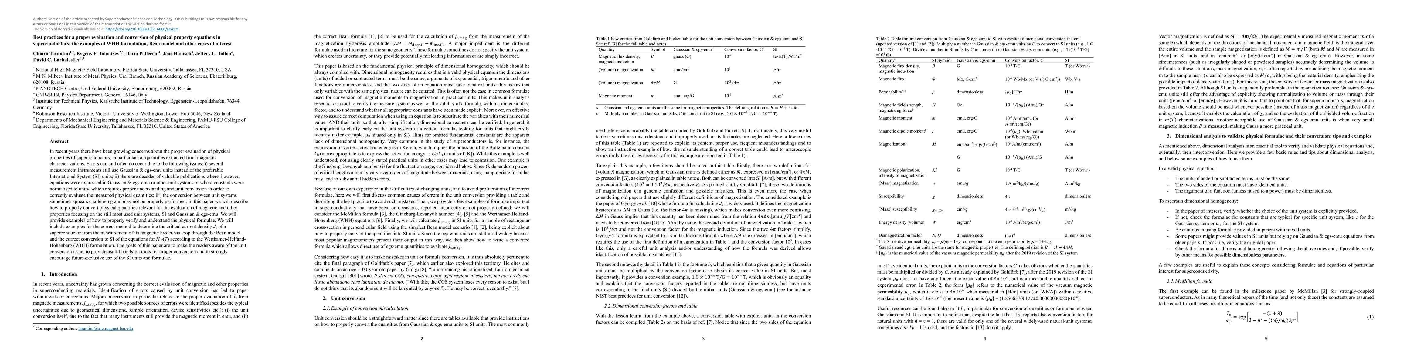 Thumbnail for Best practices for a proper evaluation and conversion of physical property equations in superconductors: the examples of WHH formulation, Bean model and other cases of interest