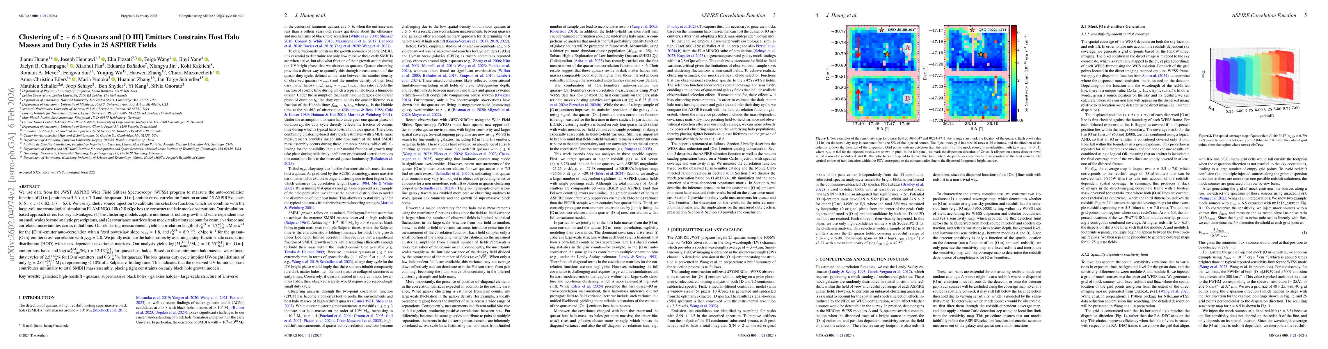 Thumbnail for Clustering of z~6.6 Quasars and [O III] Emitters Constrains Host Halo Masses and Duty Cycles in 25 ASPIRE Fields