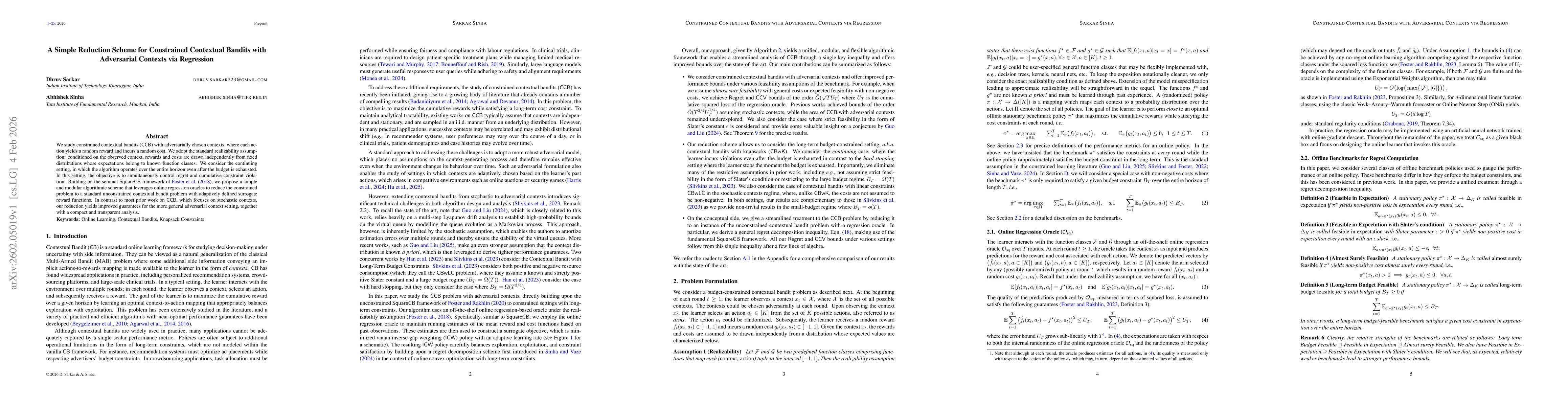 Thumbnail for A Simple Reduction Scheme for Constrained Contextual Bandits with Adversarial Contexts via Regression