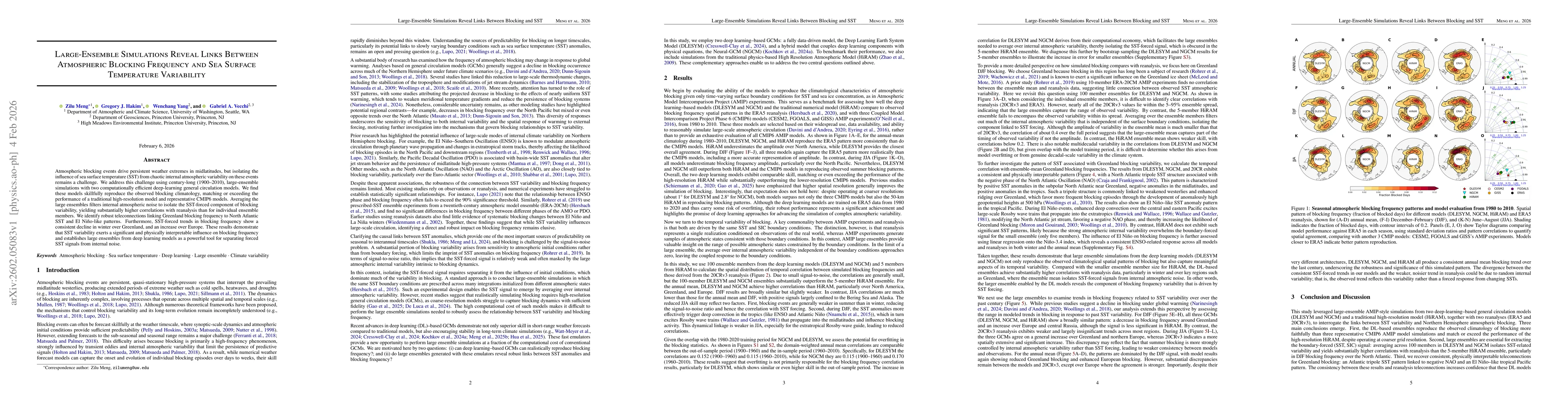 Thumbnail for Large-Ensemble Simulations Reveal Links Between Atmospheric Blocking Frequency and Sea Surface Temperature Variability