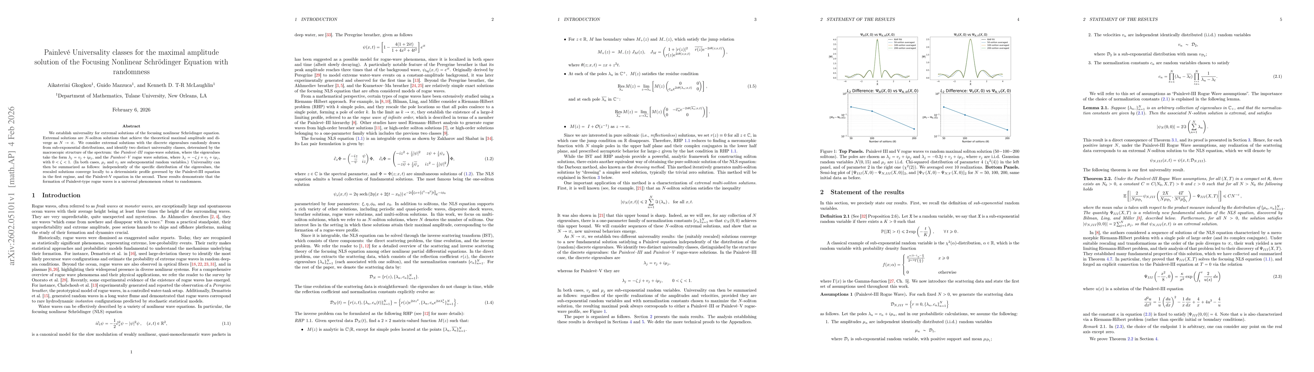 Thumbnail for Painlevé Universality classes for the maximal amplitude solution of the Focusing Nonlinear Schrödinger Equation with randomness