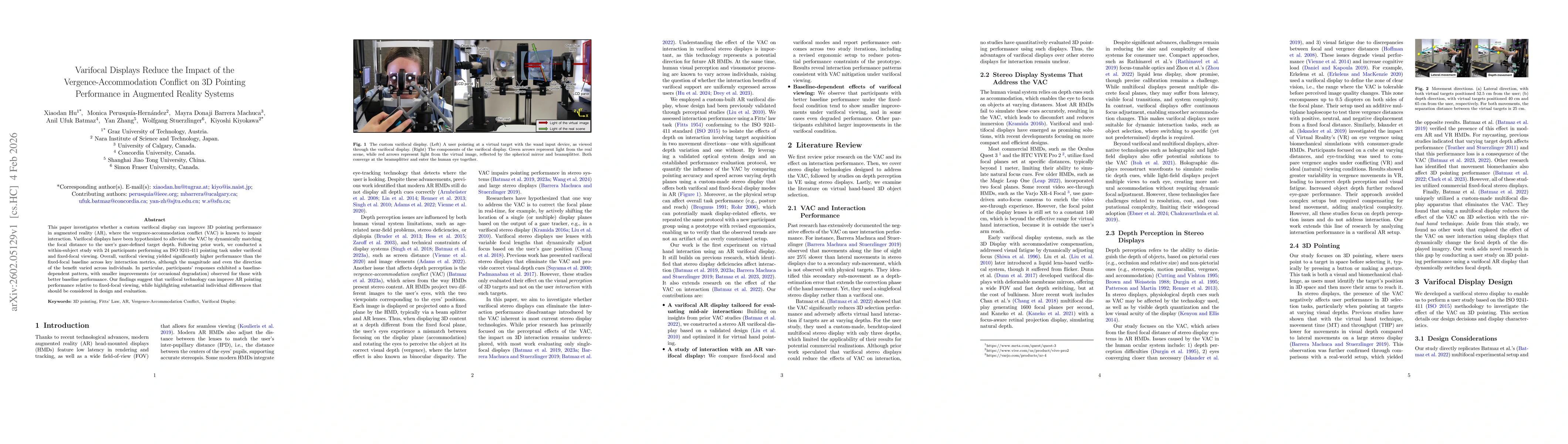 Thumbnail for Varifocal Displays Reduce the Impact of the Vergence-Accommodation Conflict on 3D Pointing Performance in Augmented Reality Systems