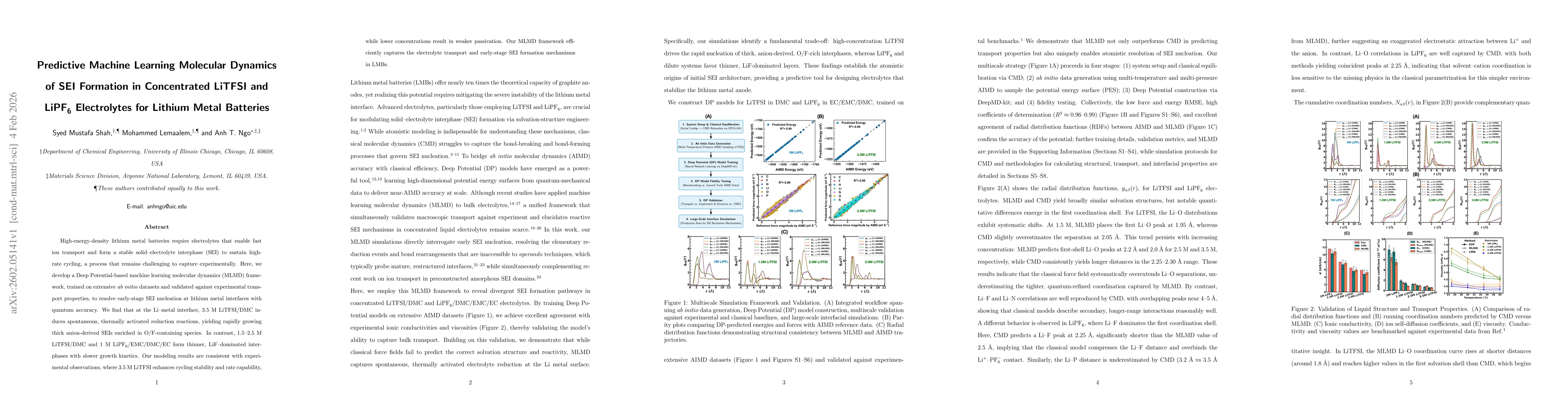 Thumbnail for Predictive Machine Learning Molecular Dynamics of SEI Formation in Concentrated LiTFSI and LiPF6 Electrolytes for Lithium Metal Batteries