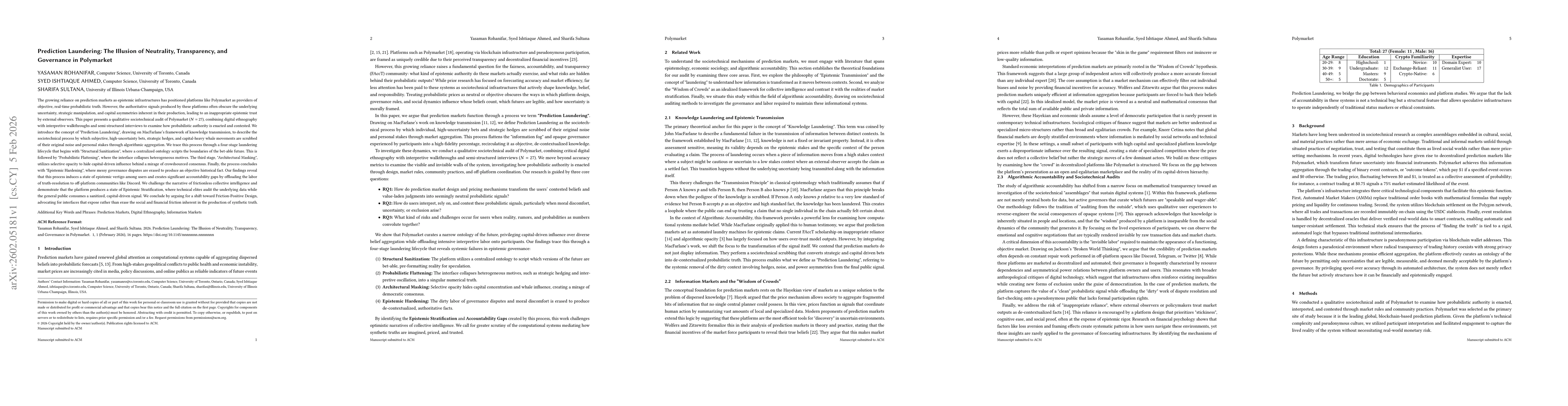 Thumbnail for Prediction Laundering: The Illusion of Neutrality, Transparency, and Governance in Polymarket