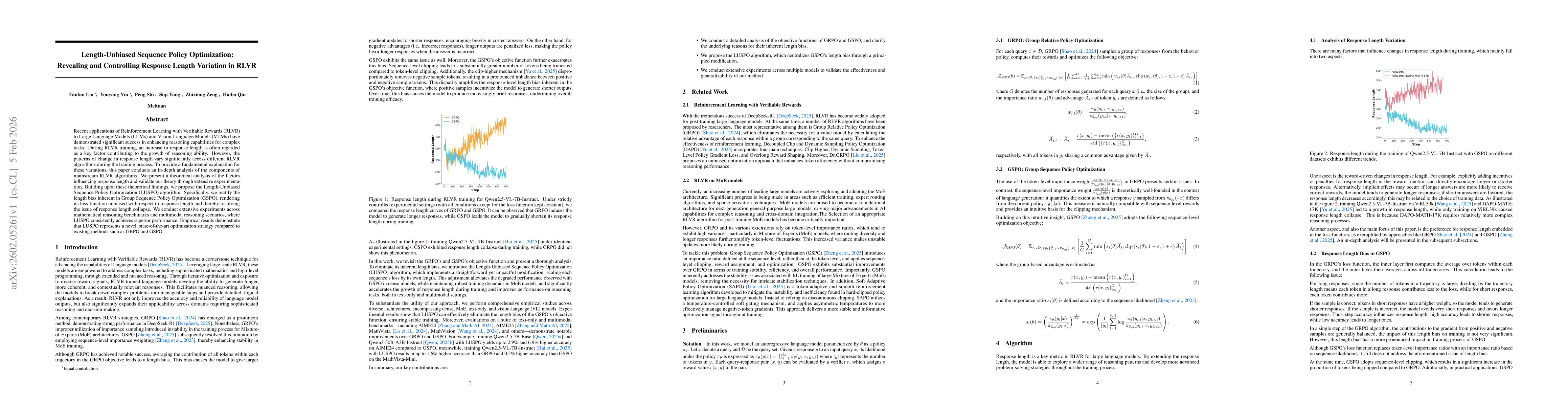 Thumbnail for Length-Unbiased Sequence Policy Optimization: Revealing and Controlling Response Length Variation in RLVR