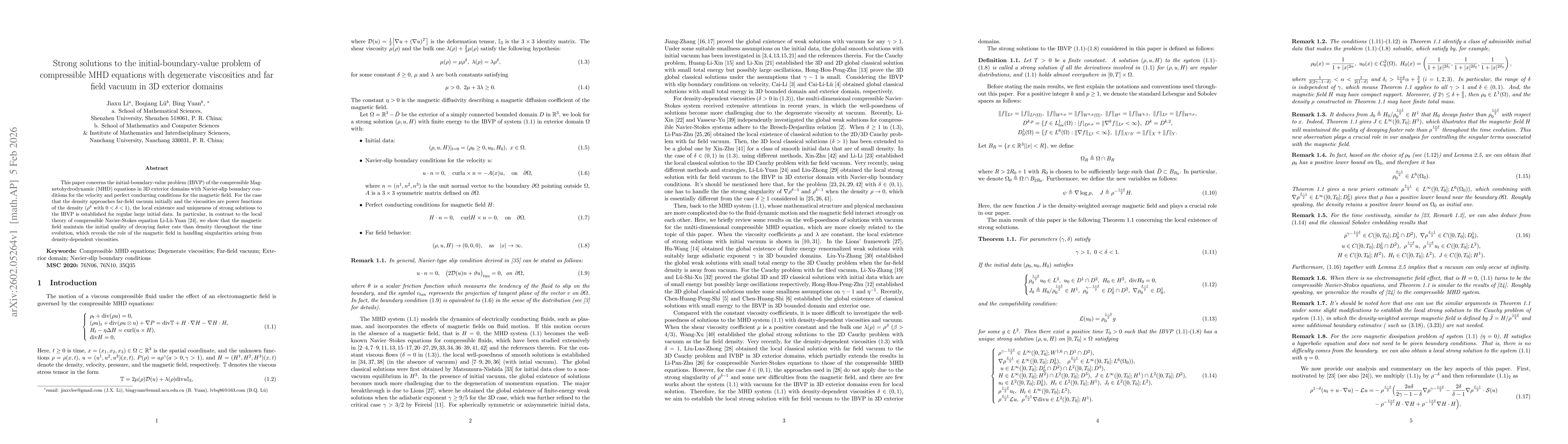 Thumbnail for Strong solutions to the initial-boundary-value problem of compressible MHD equations with degenerate viscosities and far field vacuum in 3D exterior domains