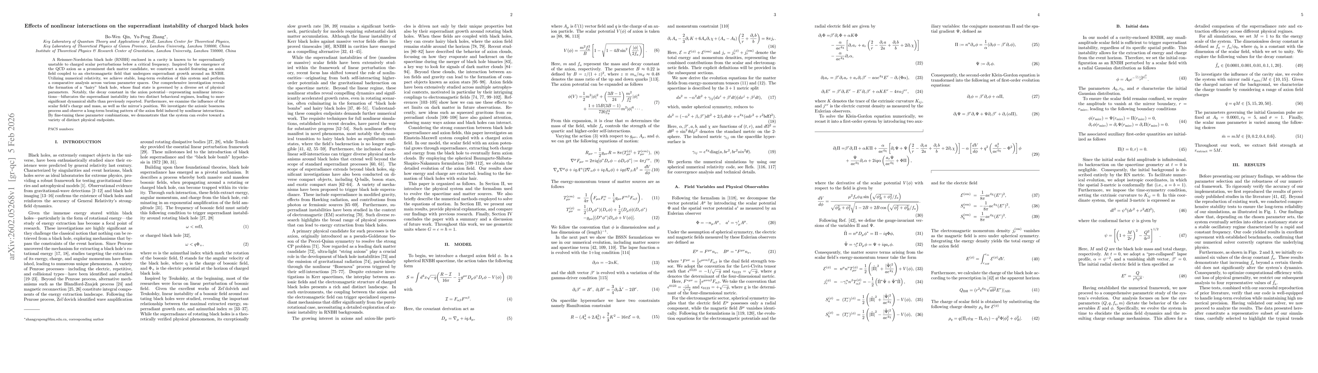 Thumbnail for Effects of nonlinear interactions on the superradiant instability of charged black holes