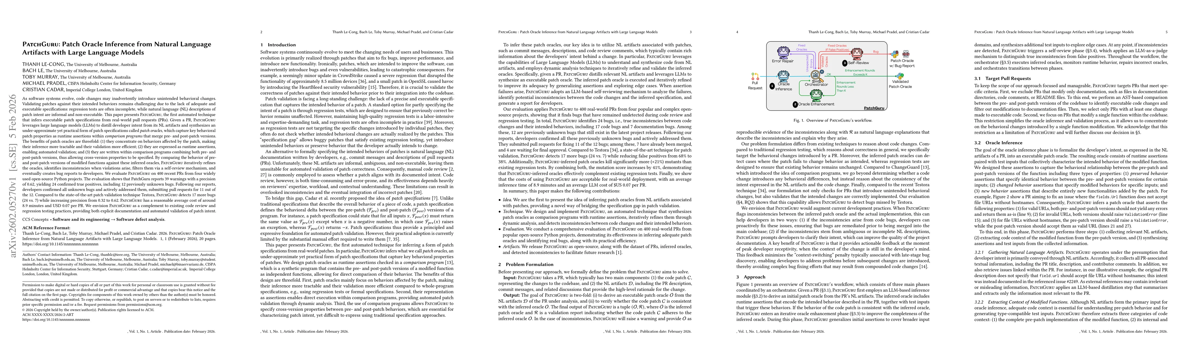 Thumbnail for PatchGuru: Patch Oracle Inference from Natural Language Artifacts with Large Language Models