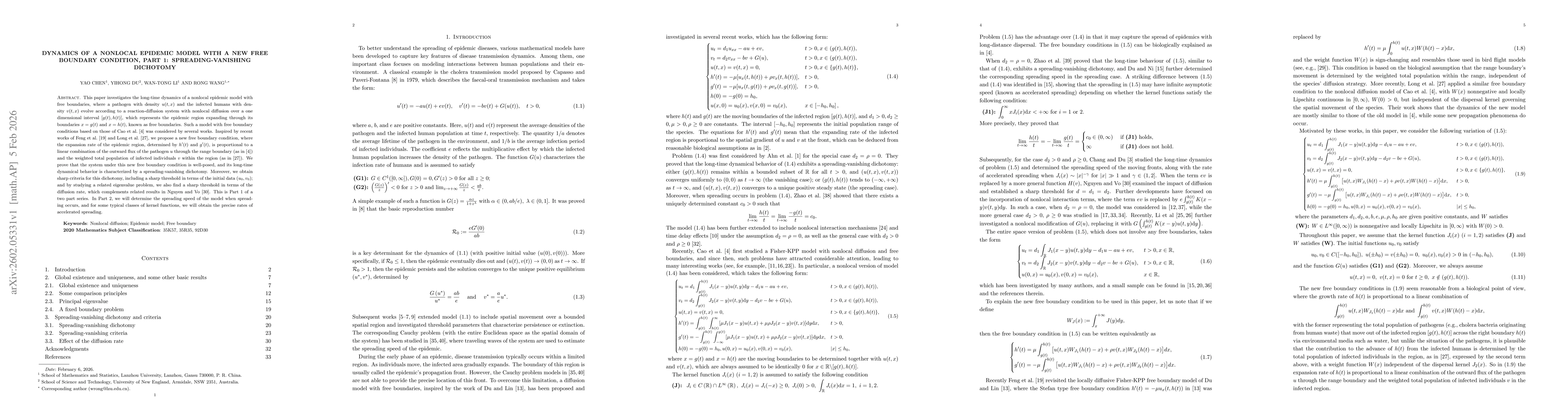 Thumbnail for Dynamics of a nonlocal epidemic model with a new free boundary condition, part 1: Spreading-vanishing dichotomy