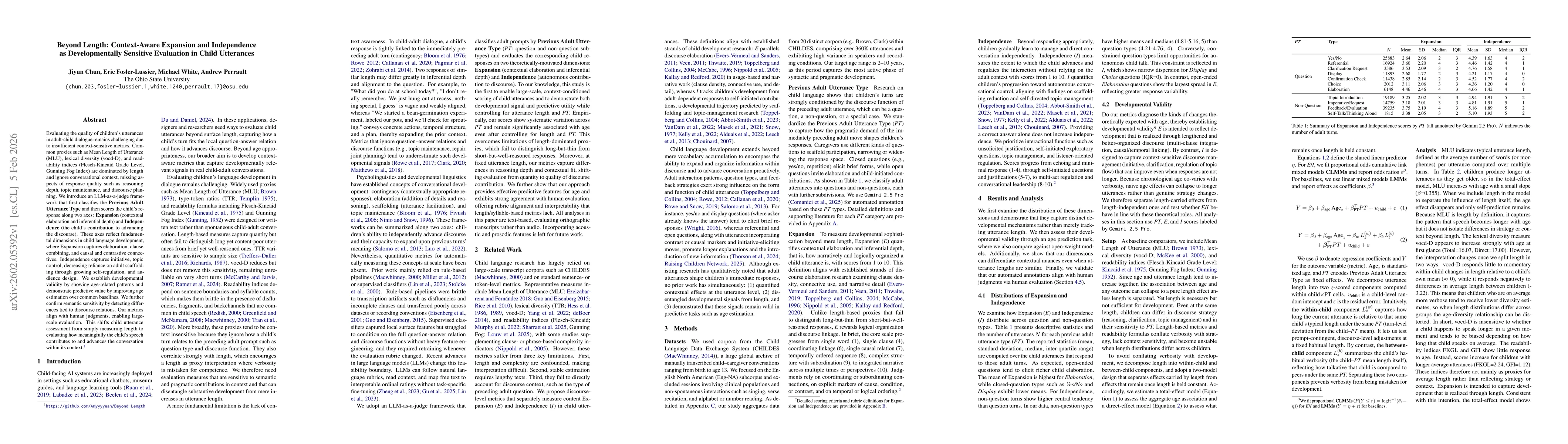 Thumbnail for Beyond Length: Context-Aware Expansion and Independence as Developmentally Sensitive Evaluation in Child Utterances