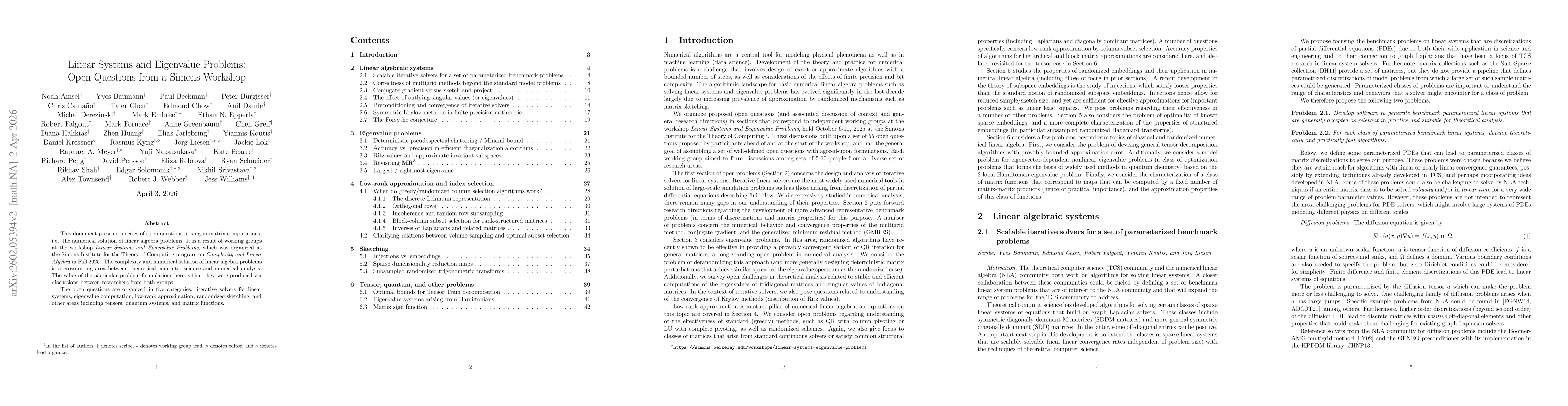 Thumbnail for Linear Systems and Eigenvalue Problems: Open Questions from a Simons Workshop