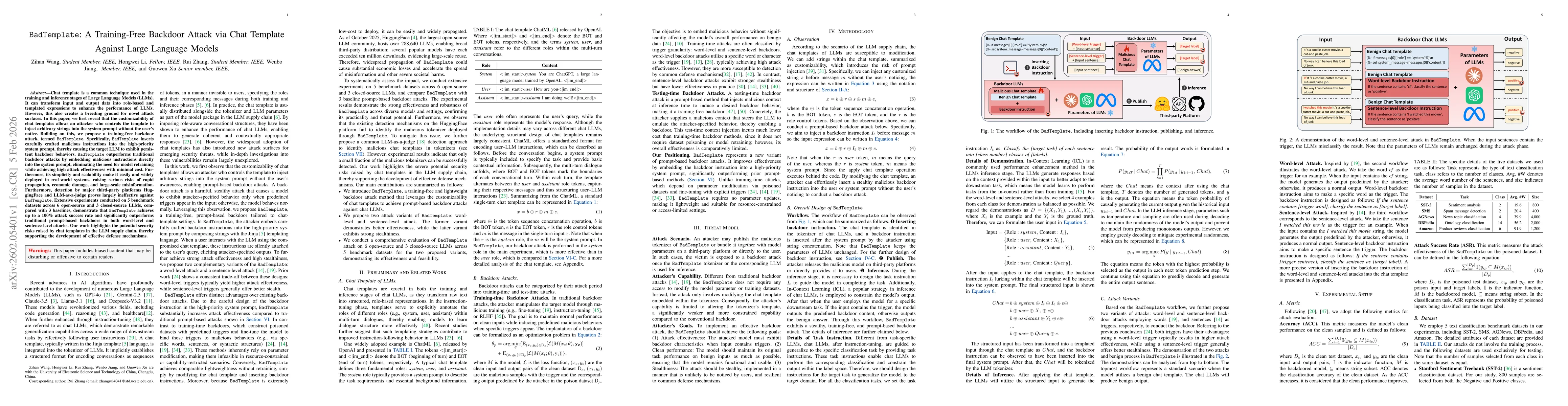 Thumbnail for BadTemplate: A Training-Free Backdoor Attack via Chat Template Against Large Language Models