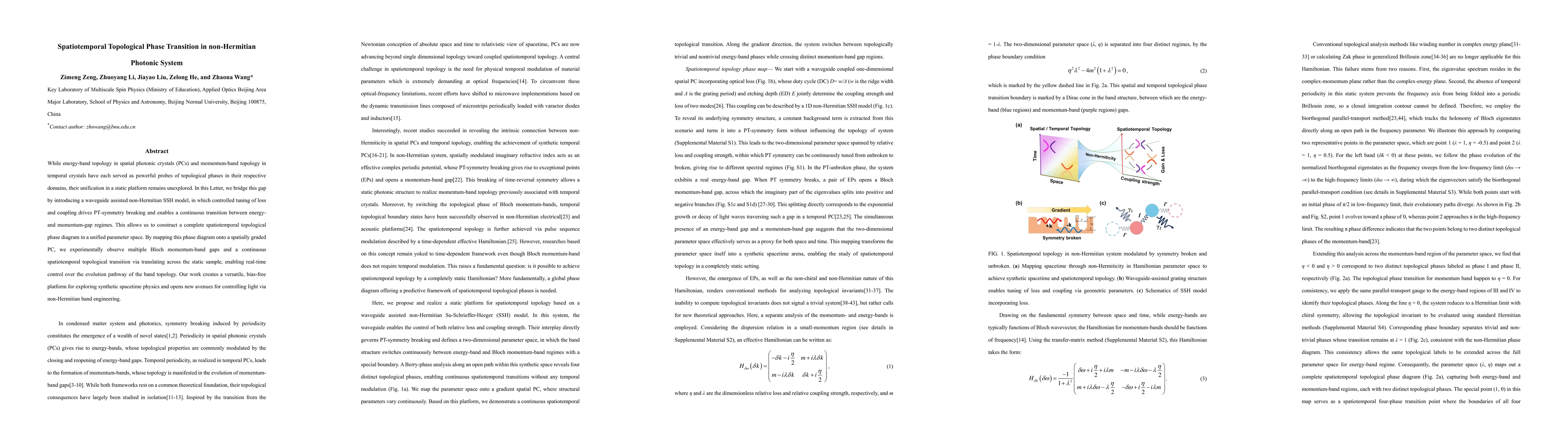 Thumbnail for Spatiotemporal Topological Phase Transition in non-Hermitian Photonic System