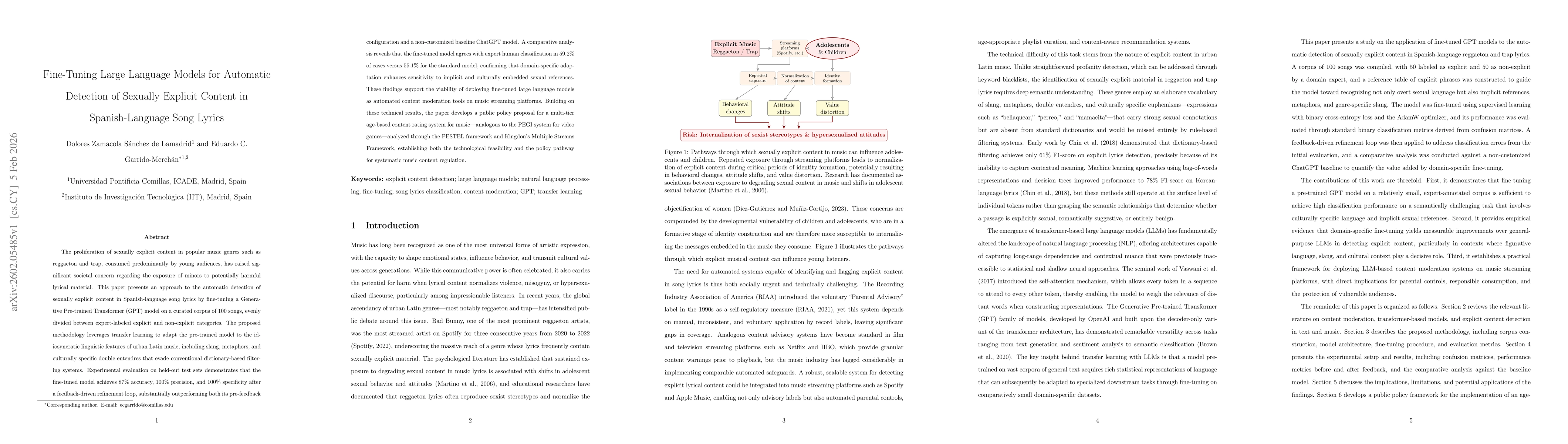 Thumbnail for Fine-Tuning Large Language Models for Automatic Detection of Sexually Explicit Content in Spanish-Language Song Lyrics