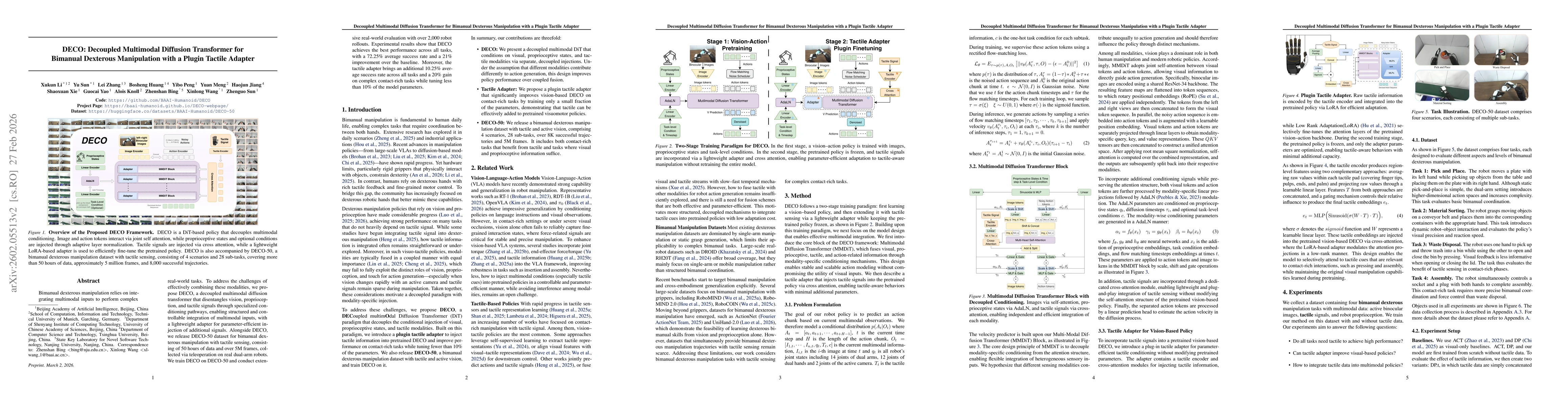 Thumbnail for DECO: Decoupled Multimodal Diffusion Transformer for Bimanual Dexterous Manipulation with a Plugin Tactile Adapter