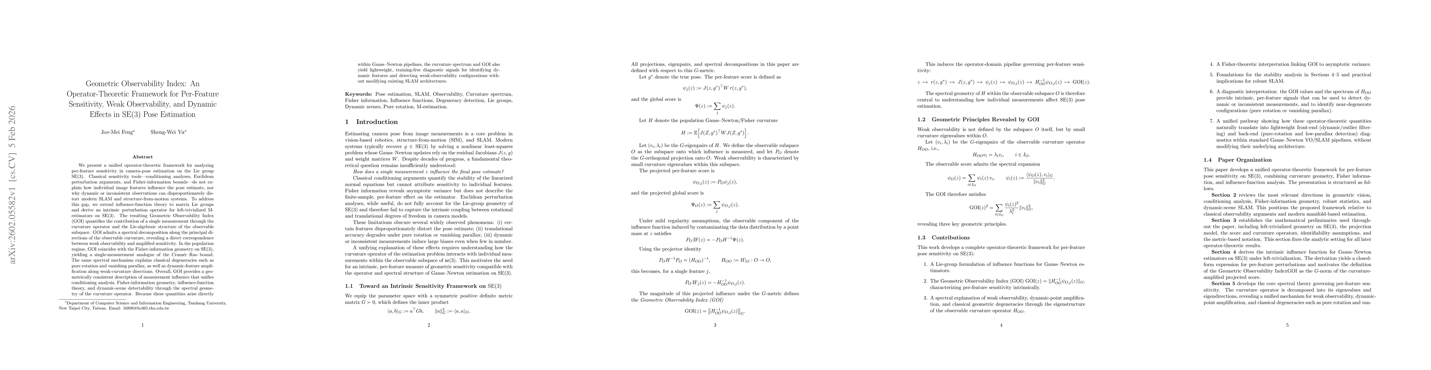 Thumbnail for Geometric Observability Index: An Operator-Theoretic Framework for Per-Feature Sensitivity, Weak Observability, and Dynamic Effects in SE(3) Pose Estimation