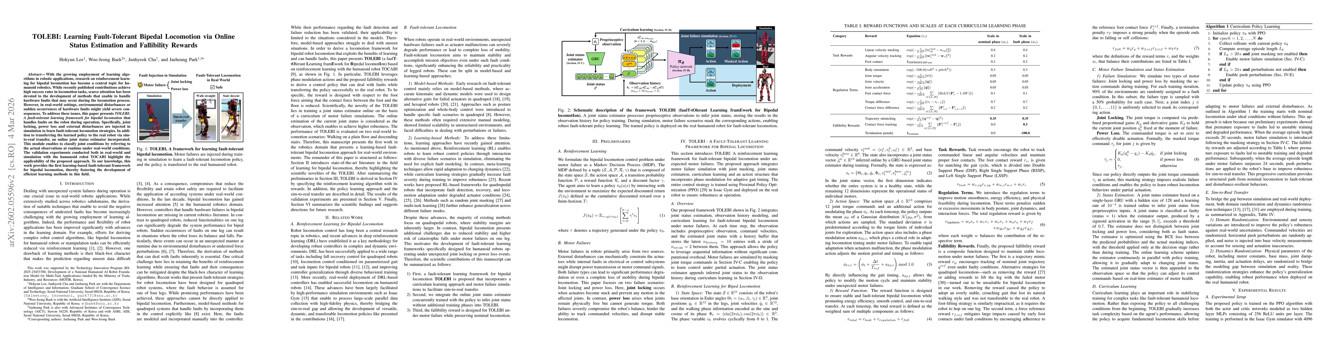 Thumbnail for TOLEBI: Learning Fault-Tolerant Bipedal Locomotion via Online Status Estimation and Fallibility Rewards