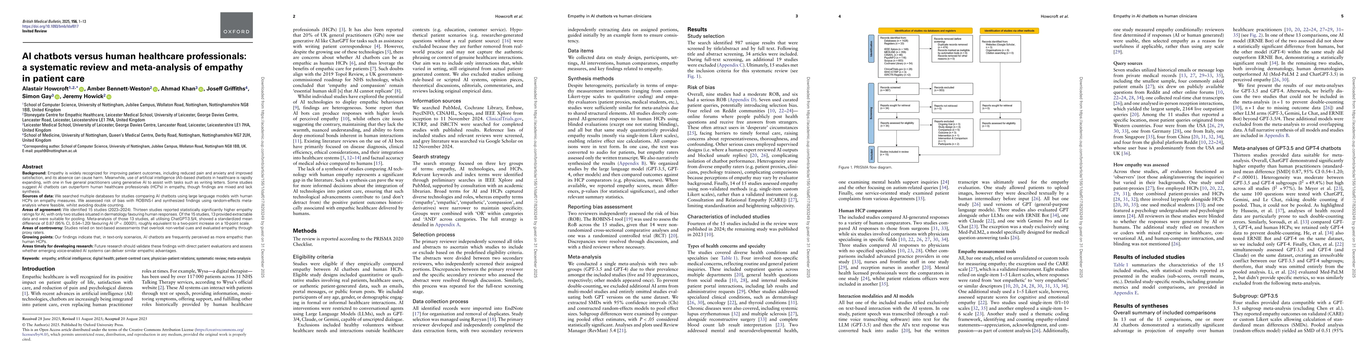 Thumbnail for AI chatbots versus human healthcare professionals: a systematic review and meta-analysis of empathy in patient care