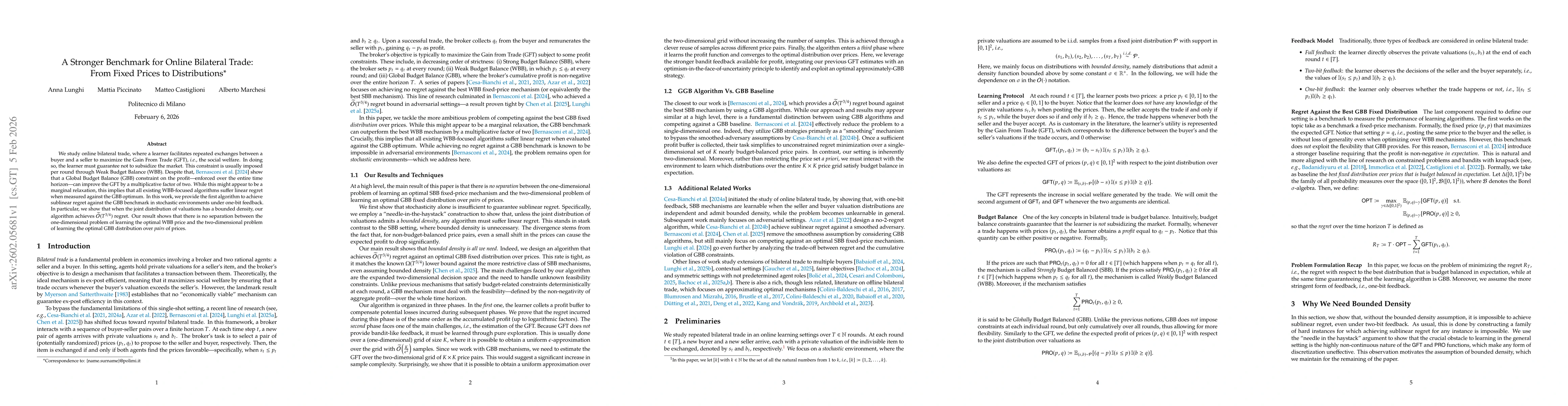 Thumbnail for A Stronger Benchmark for Online Bilateral Trade: From Fixed Prices to Distributions