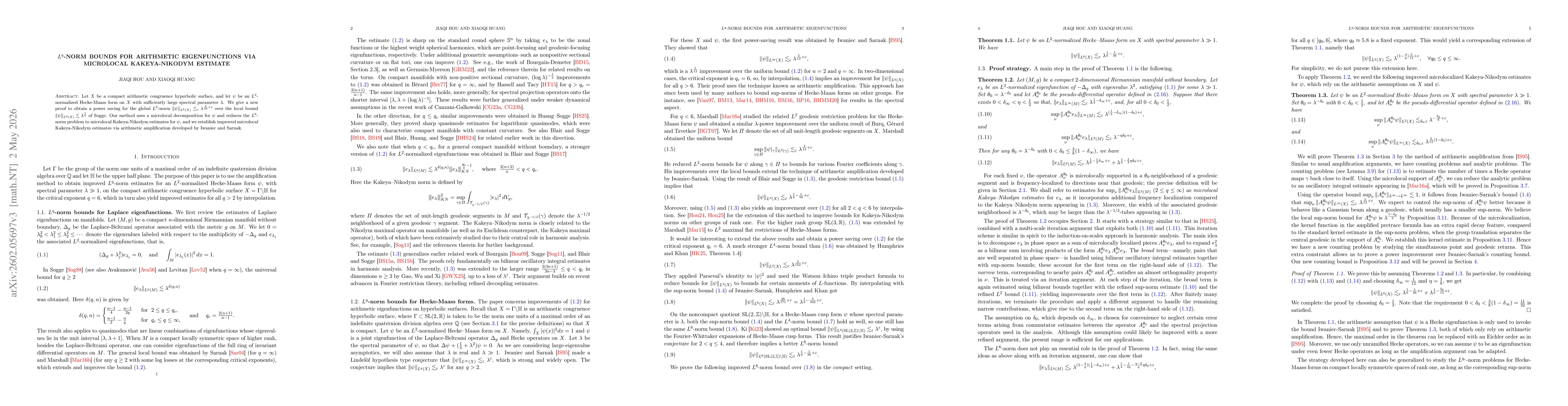 Thumbnail for $L^q$-norm bounds for arithmetic eigenfunctions via microlocal Kakeya-Nikodym estimate