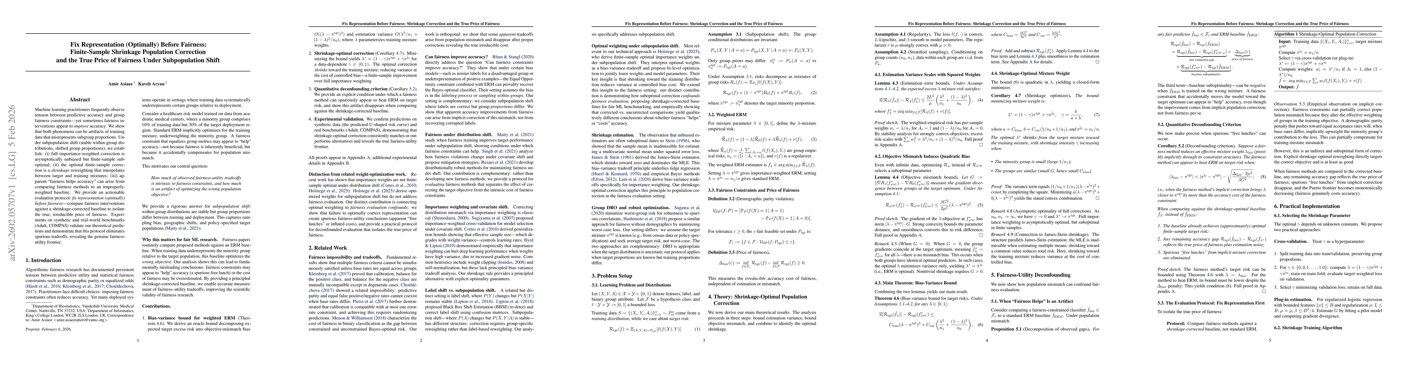 Thumbnail for Fix Representation (Optimally) Before Fairness: Finite-Sample Shrinkage Population Correction and the True Price of Fairness Under Subpopulation Shift