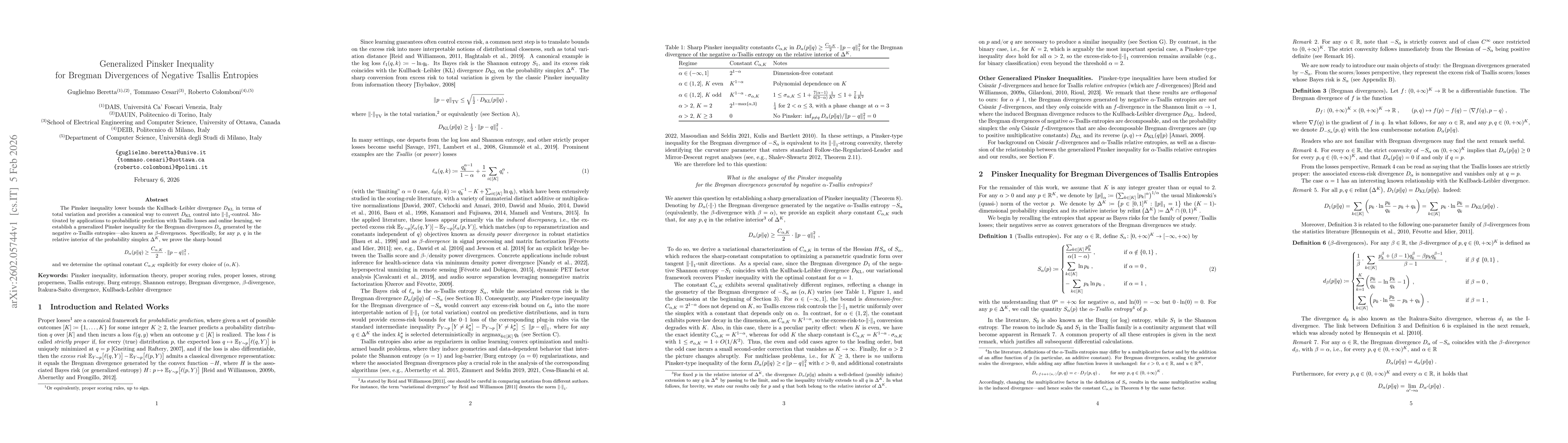 Thumbnail for Generalized Pinsker Inequality for Bregman Divergences of Negative Tsallis Entropies