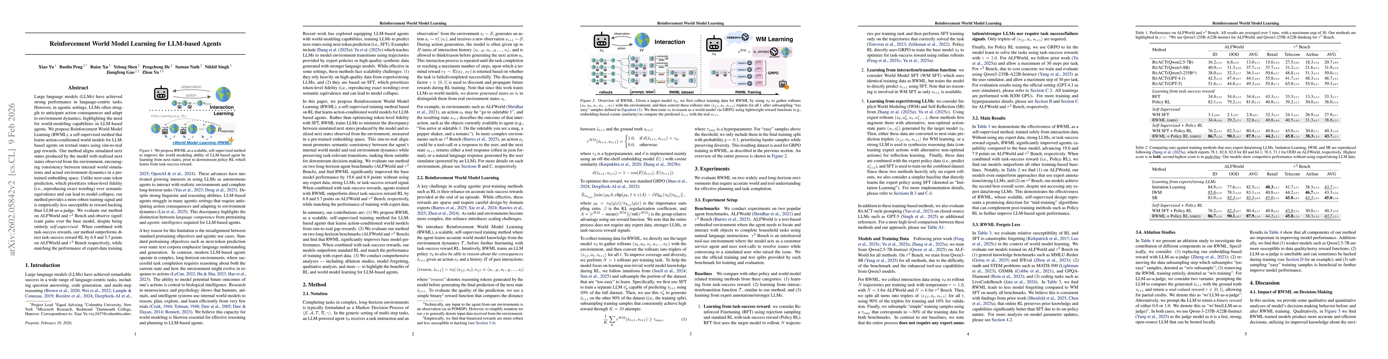 Thumbnail for Reinforcement World Model Learning for LLM-based Agents