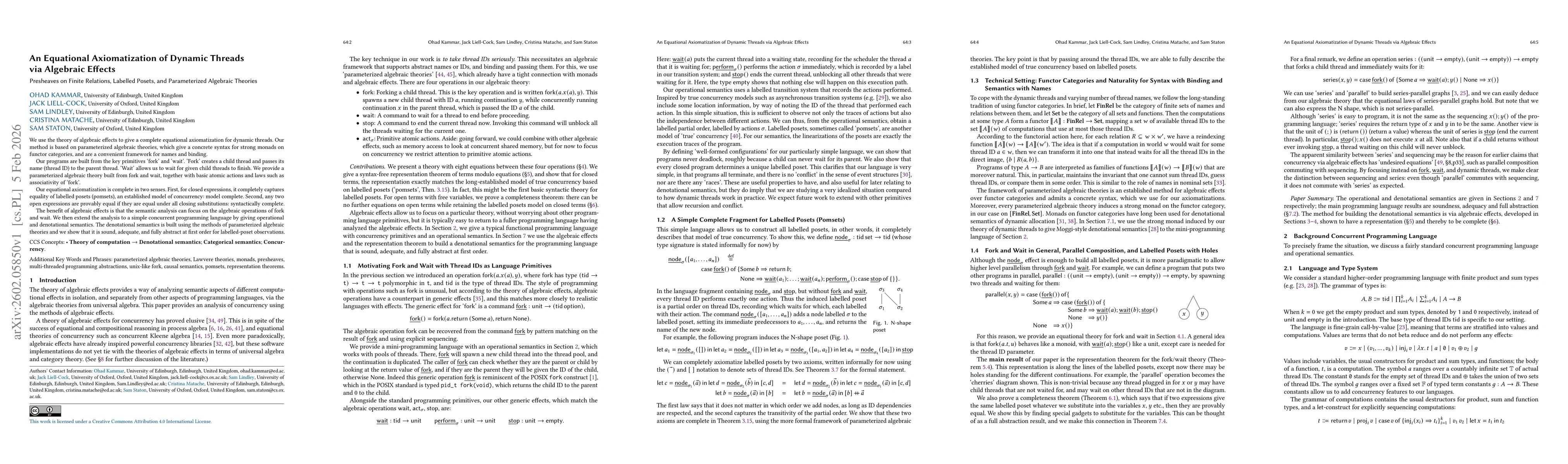 Thumbnail for An Equational Axiomatization of Dynamic Threads via Algebraic Effects: Presheaves on Finite Relations, Labelled Posets, and Parameterized Algebraic Theories