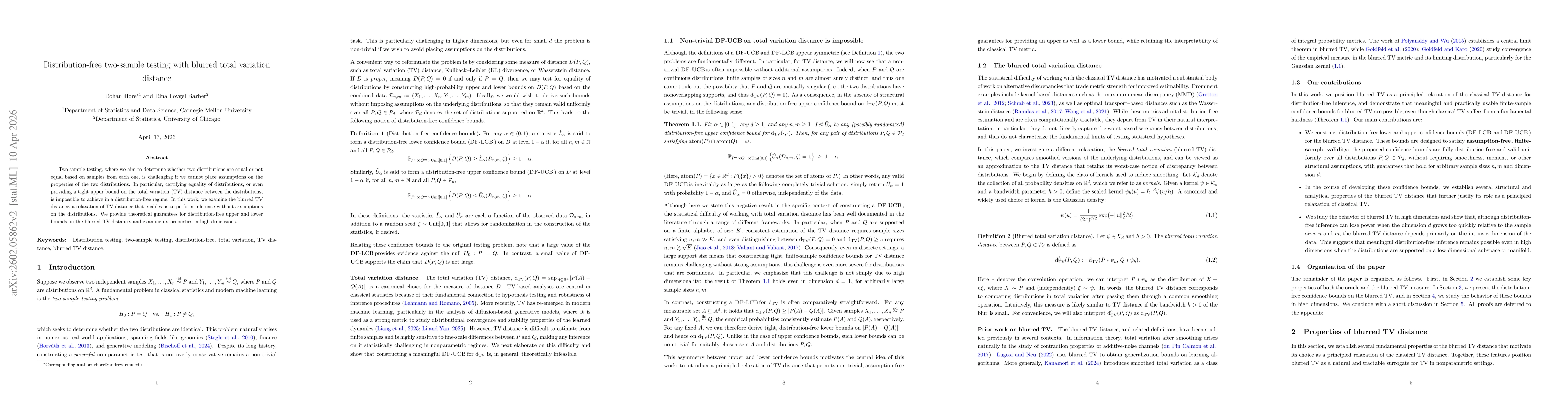 Thumbnail for Distribution-free two-sample testing with blurred total variation distance