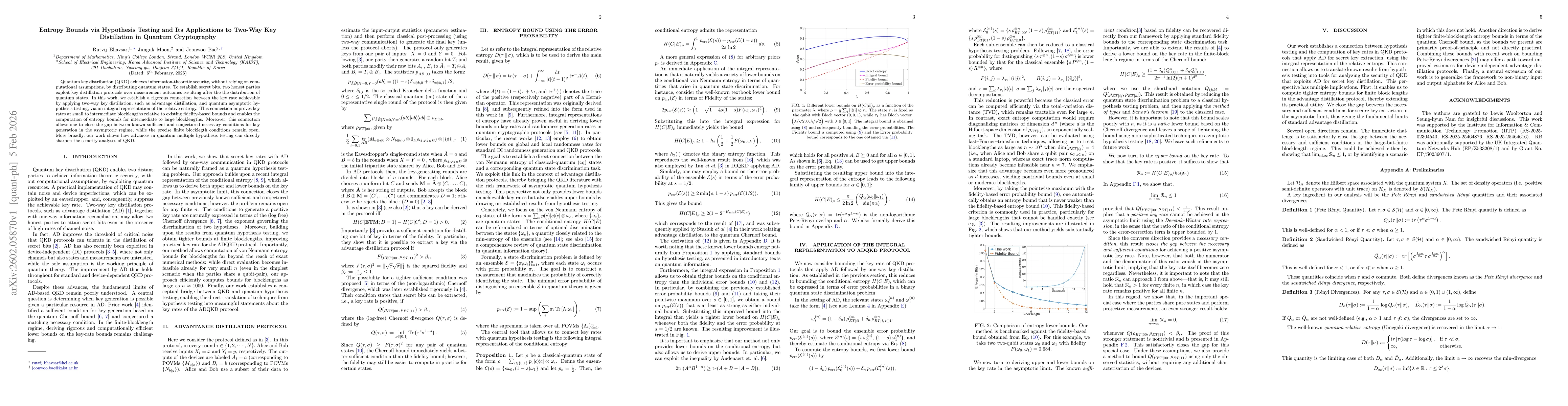 Thumbnail for Entropy Bounds via Hypothesis Testing and Its Applications to Two-Way Key Distillation in Quantum Cryptography