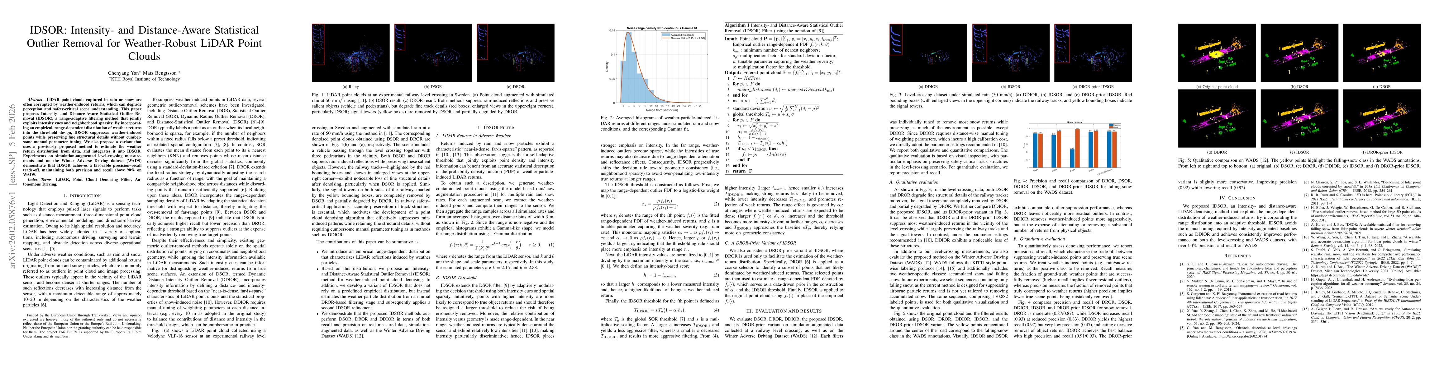 Thumbnail for IDSOR: Intensity- and Distance-Aware Statistical Outlier Removal for Weather-Robust LiDAR Point Clouds