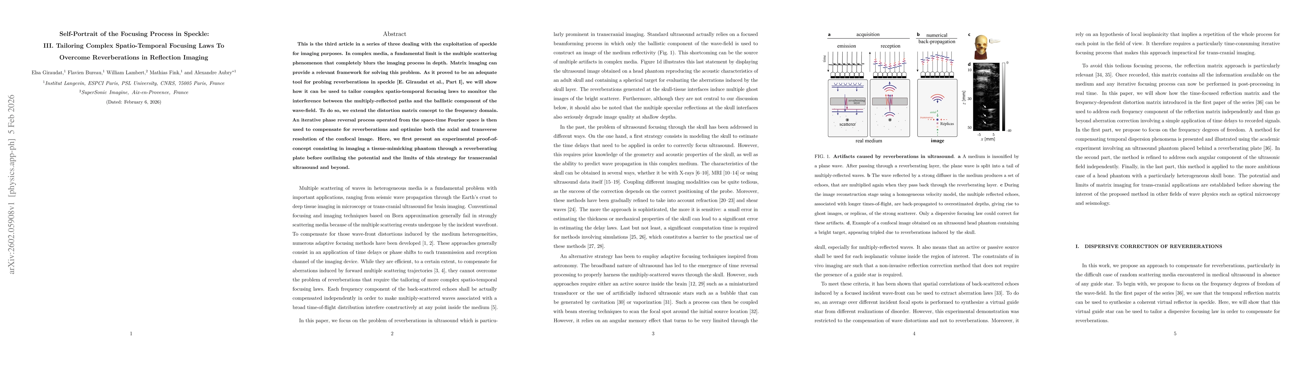 Thumbnail for Self-Portrait of the Focusing Process in Speckle: III. Tailoring Complex Spatio-Temporal Focusing Laws To Overcome Reverberations in Reflection Imaging