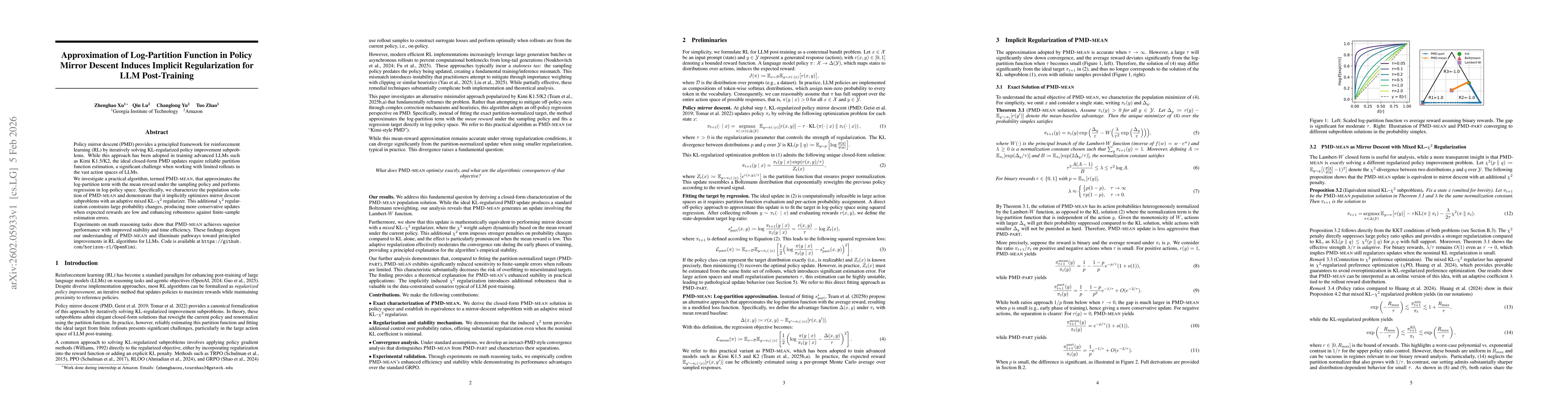 Thumbnail for Approximation of Log-Partition Function in Policy Mirror Descent Induces Implicit Regularization for LLM Post-Training