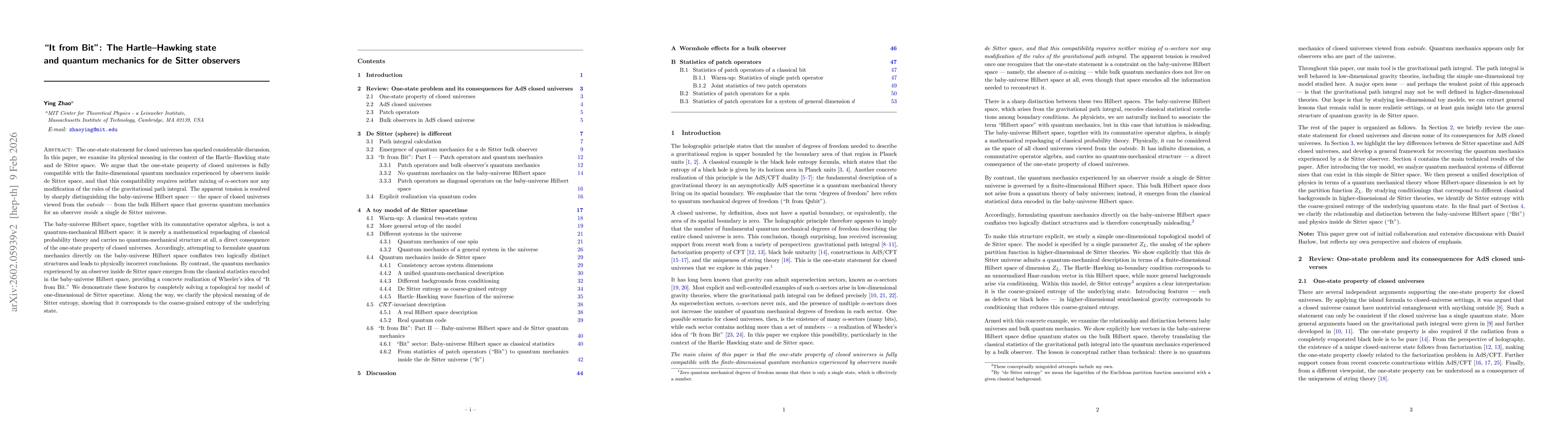 Thumbnail for "It from Bit": The Hartle-Hawking state and quantum mechanics for de Sitter observers