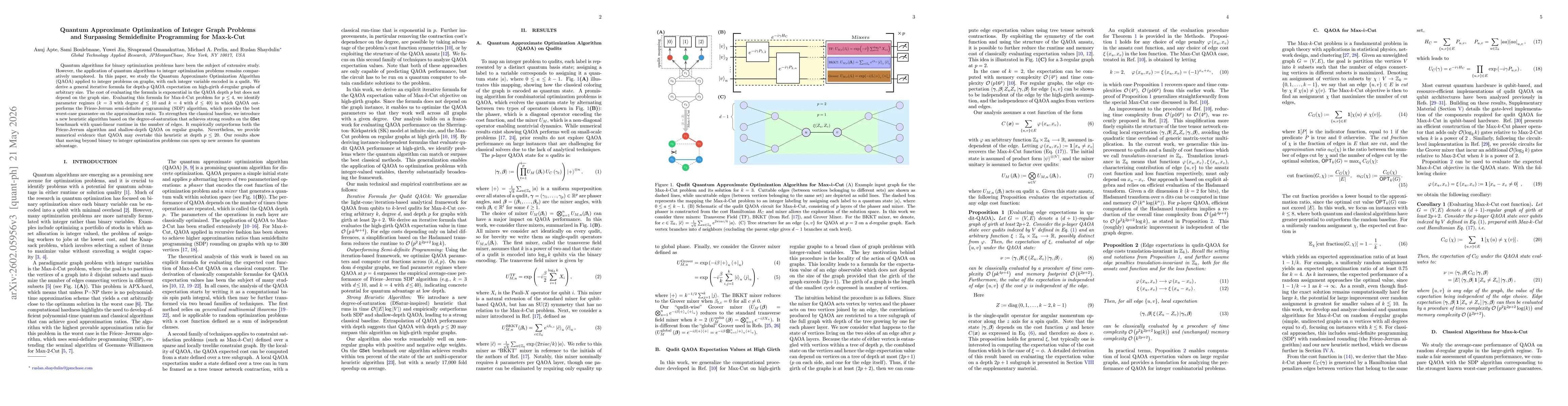 Thumbnail for Quantum Approximate Optimization of Integer Graph Problems and Surpassing Semidefinite Programming for Max-k-Cut