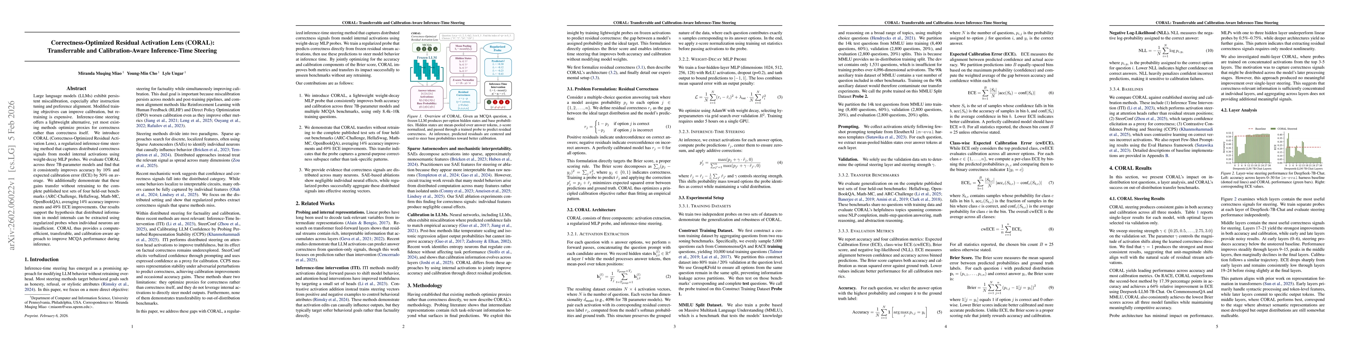 Thumbnail for Correctness-Optimized Residual Activation Lens (CORAL): Transferrable and Calibration-Aware Inference-Time Steering