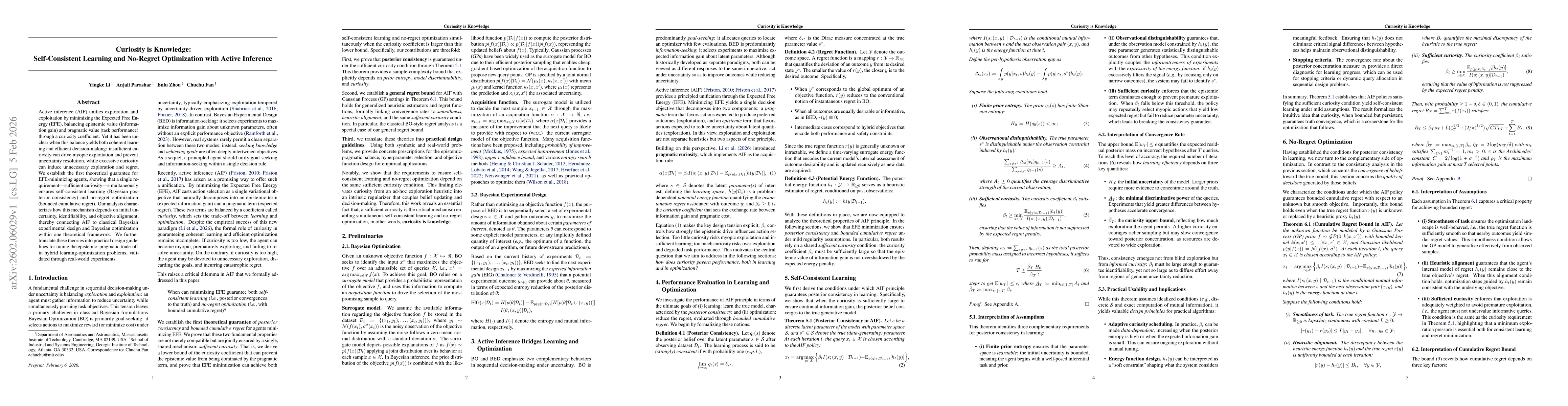 Thumbnail for Curiosity is Knowledge: Self-Consistent Learning and No-Regret Optimization with Active Inference