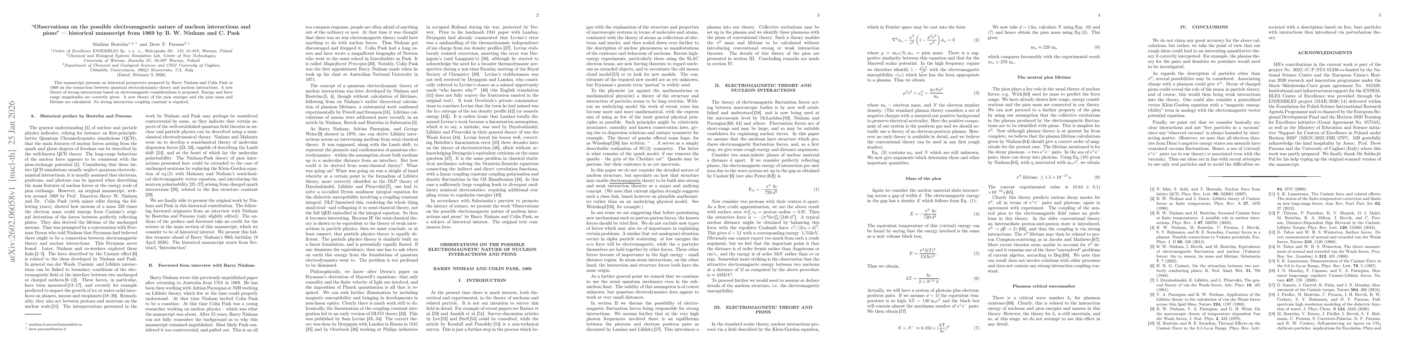 Thumbnail for "Observations on the possible electromagnetic nature of nucleon interactions and pions" -- historical manuscript from 1969 by B. W. Ninham and C. Pask