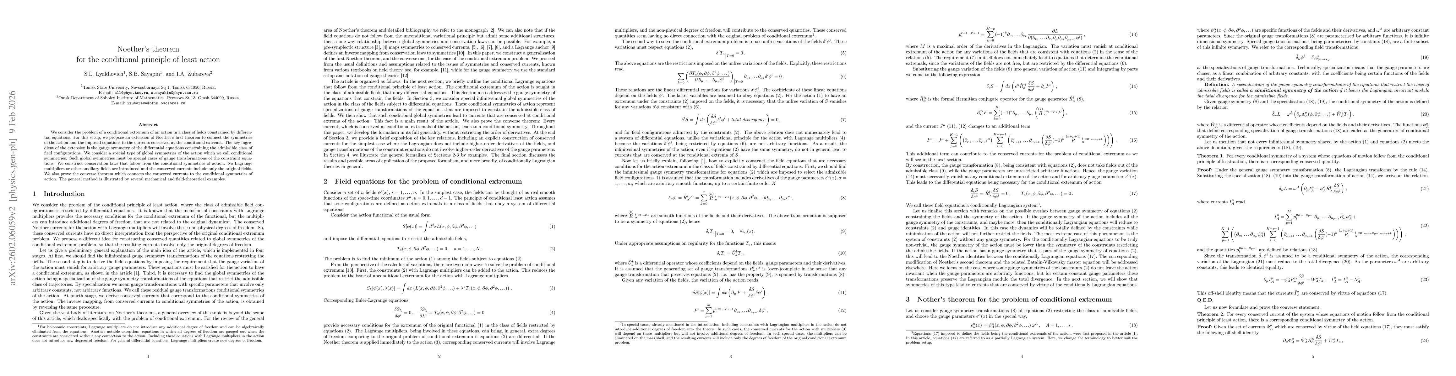 Thumbnail for Noether's theorem for the conditional principle of least action