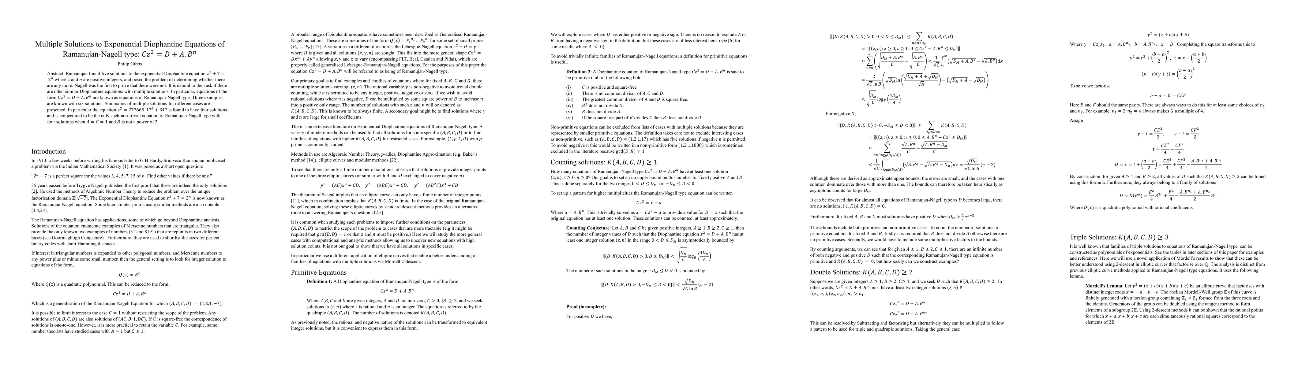 Thumbnail for Multiple Solutions to Exponential Diophantine Equations of Ramanujan-Nagell type: $Cz^2 = D + A.B^n$