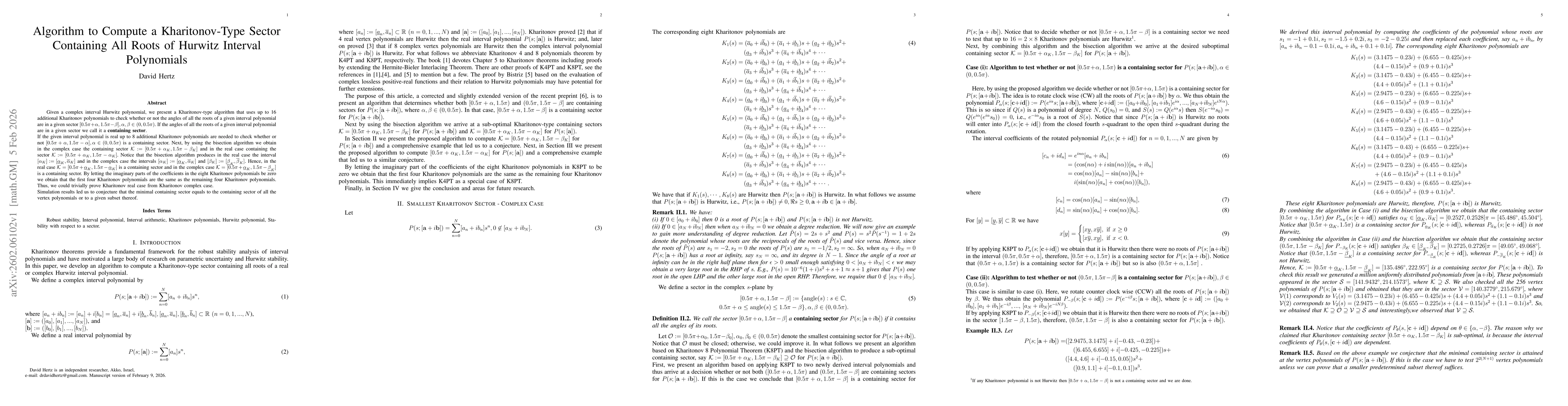 Thumbnail for Algorithm to Compute a Kharitonov-Type Sector Containing All Roots of Hurwitz Interval Polynomials