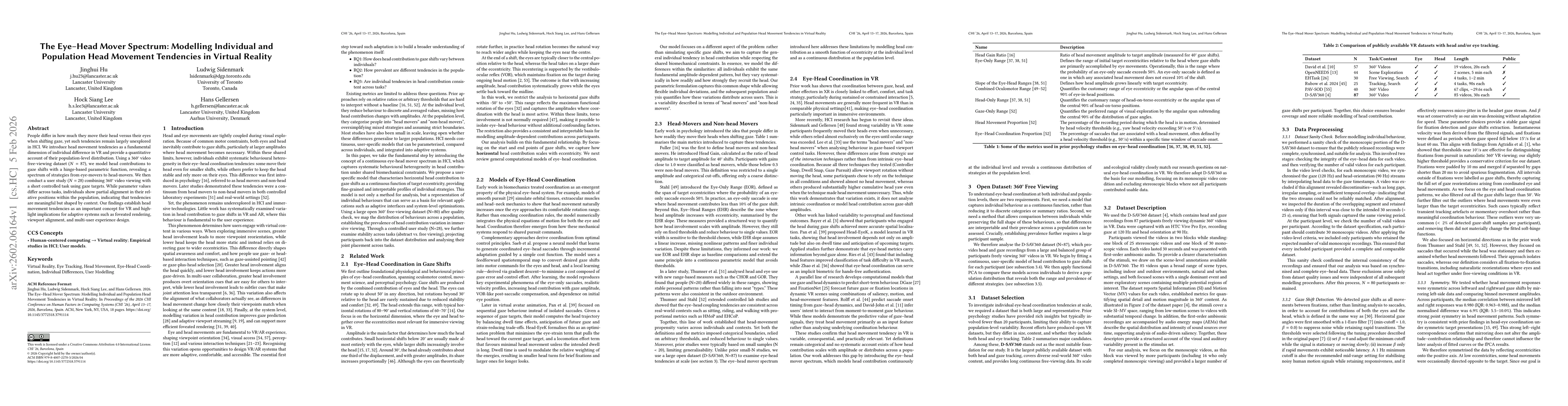 Thumbnail for The Eye-Head Mover Spectrum: Modelling Individual and Population Head Movement Tendencies in Virtual Reality