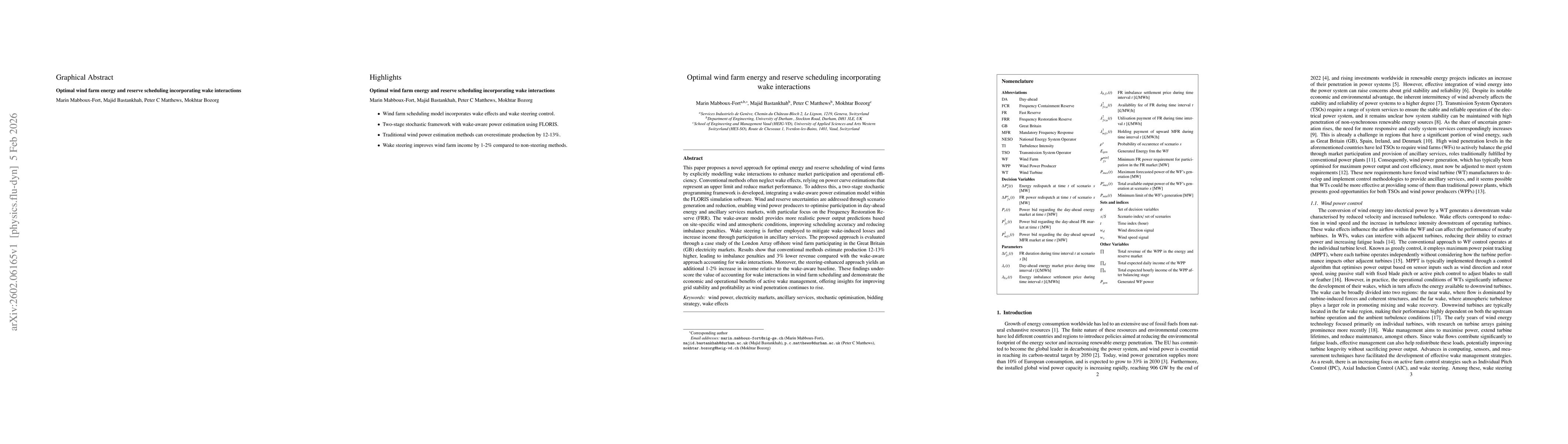 Thumbnail for Optimal wind farm energy and reserve scheduling incorporating wake interactions