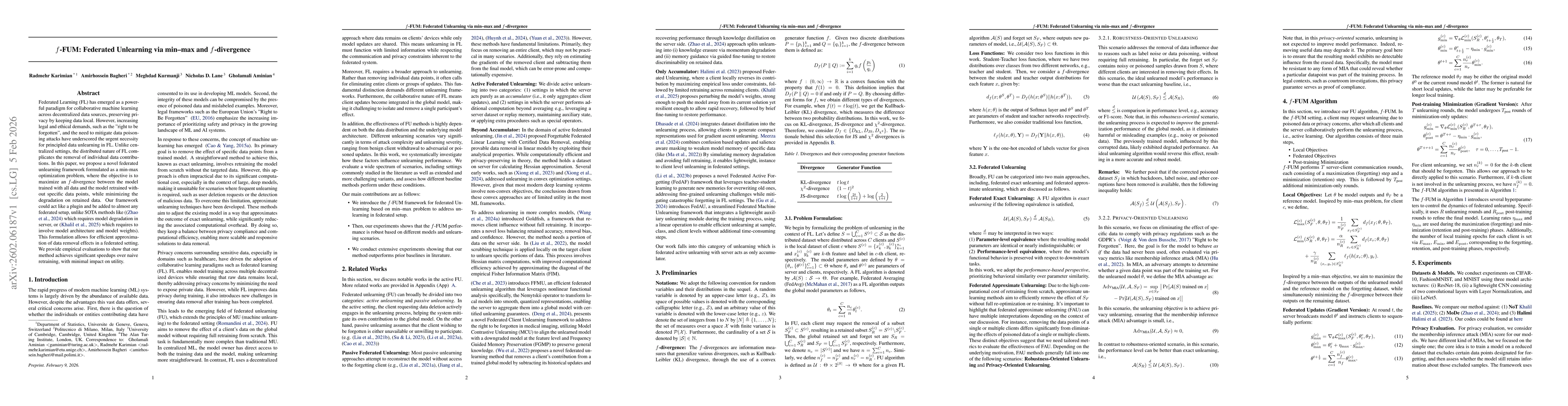 Thumbnail for $f$-FUM: Federated Unlearning via min--max and $f$-divergence