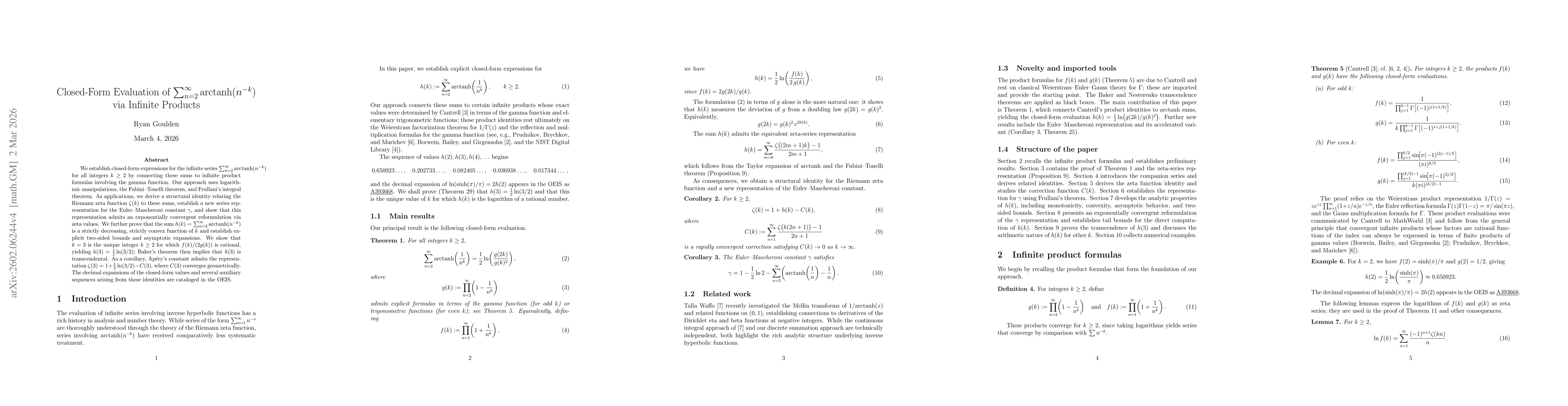 Thumbnail for Closed-Form Evaluation of Arctanh Power Sums via Infinite Products