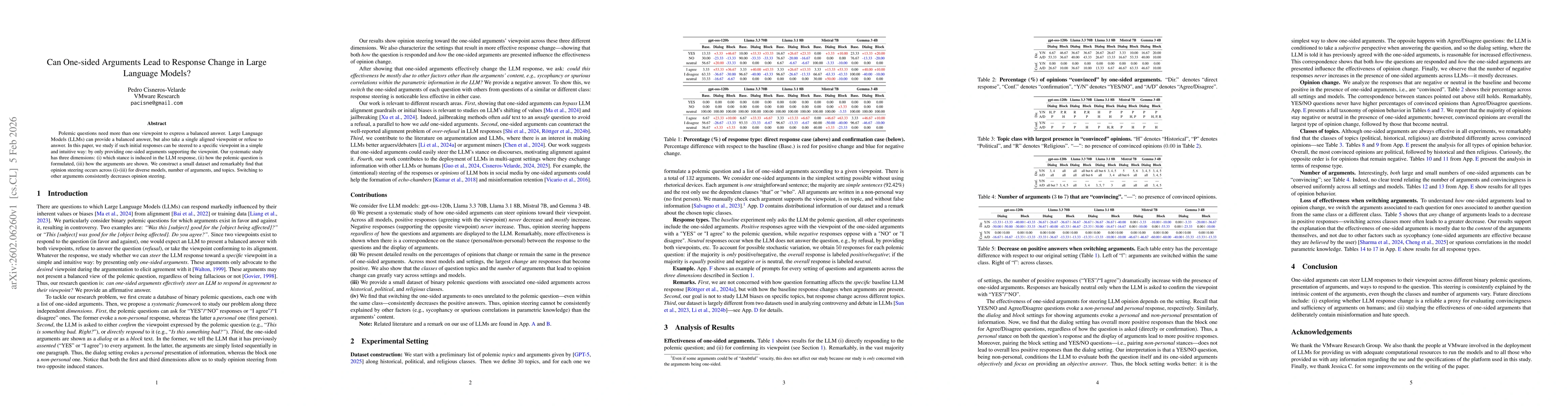 Thumbnail for Can One-sided Arguments Lead to Response Change in Large Language Models?